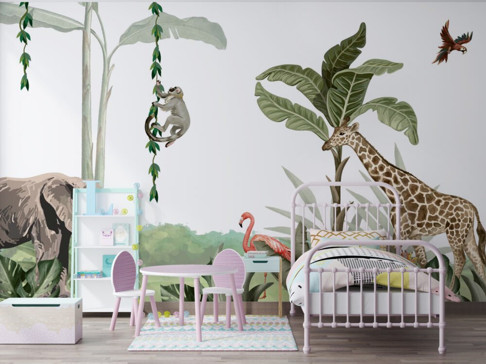 Elephant And Giraffe 3D Wallpaper Mural