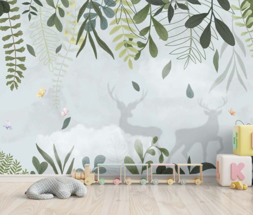 Flowers and Deer 3D Wallpaper Mural