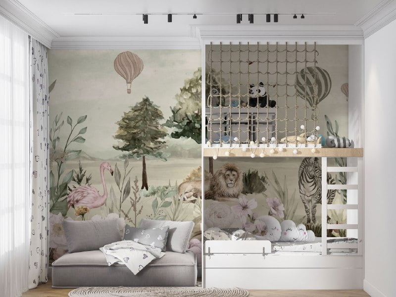 Safari Animal Balloon Floral Wallpaper Mural