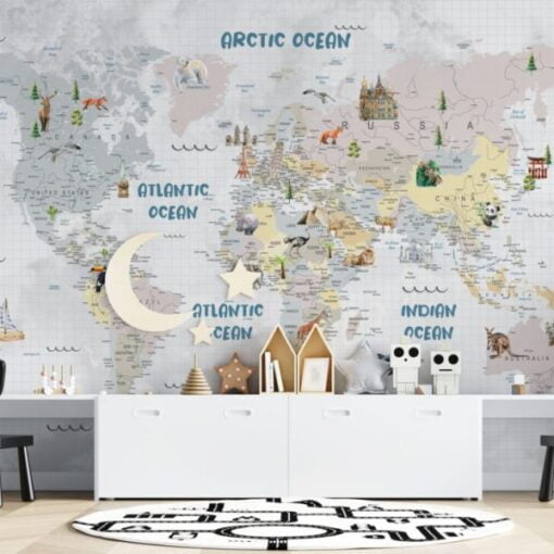 Cute Animal World Map Wallpaper Mural