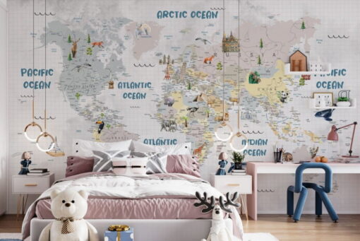 Cute Animal World Map Wallpaper Mural