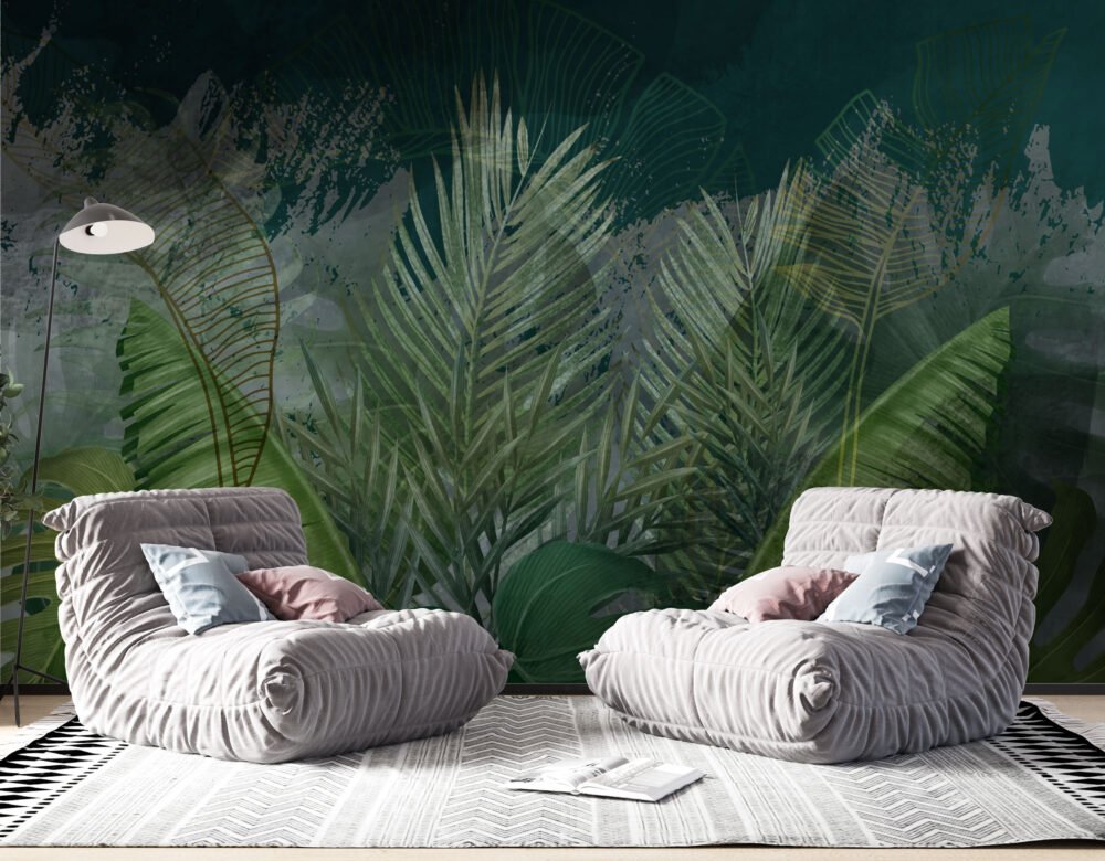 Tropical Big Leaf Dark Tones Wallpaper Mural