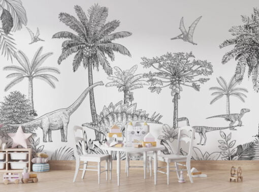 Charcoal Dinosaur Tropical Wallpaper Mural