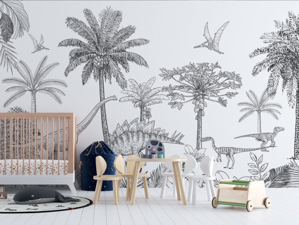 Charcoal Dinosaur Tropical Wallpaper Mural