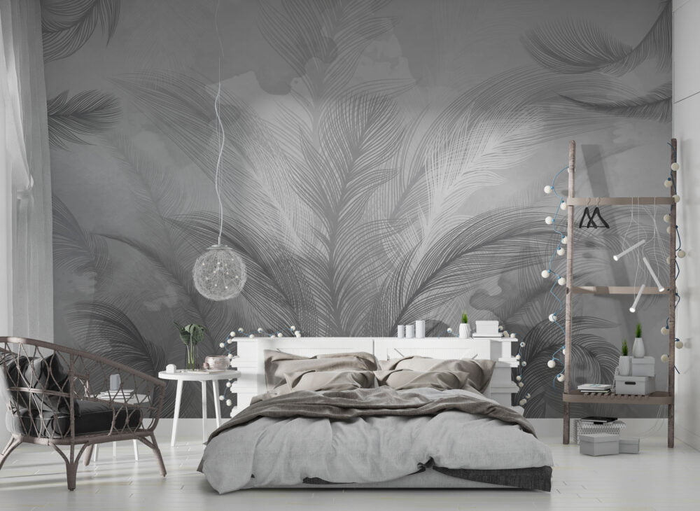 Soft Tropical Black White Leafy Wallpaper Mural