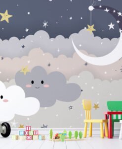 Smiley Moon and Clouds Wallpaper Mural