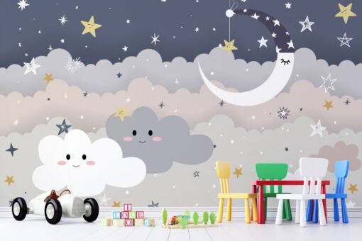 Smiley Moon and Clouds Wallpaper Mural