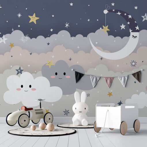 Smiley Moon and Clouds Wallpaper Mural