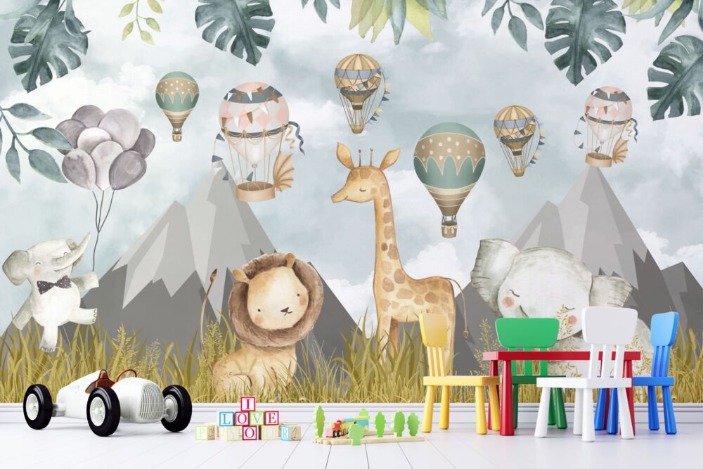 MUR7340 Cute Animals Flying Balloons Wallpaper Mural