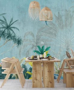 Flowers and Birds Turquoise Wallpaper Mural
