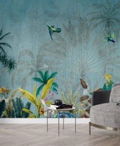 Flowers and Birds Turquoise Wallpaper Mural