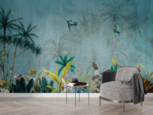 Flowers and Birds Turquoise Wallpaper Mural