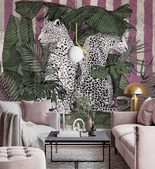 Leopard Figure Pink Tropical Wallpaper Mural