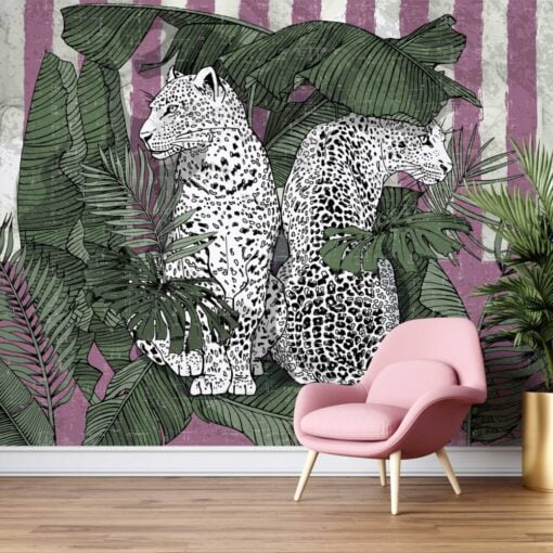 Leopard Figure Pink Tropical Wallpaper Mural