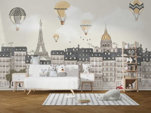 Paris City Flying Balloons Wallpaper Mural