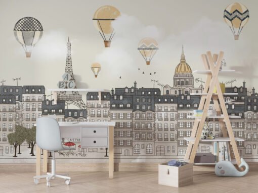 Paris City Flying Balloons Wallpaper Mural