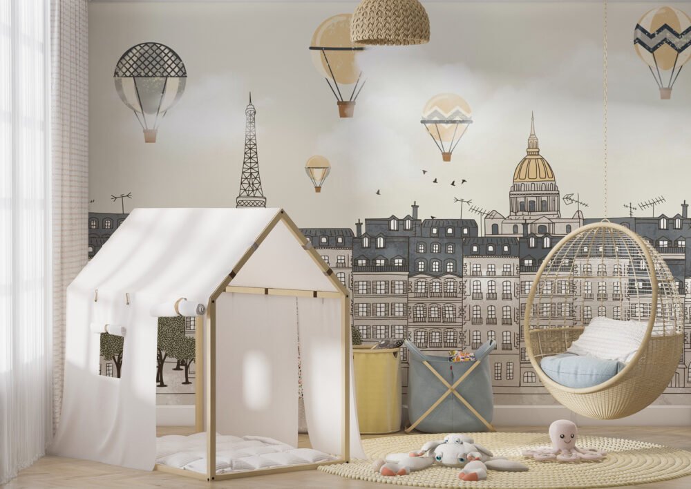 Paris City Flying Balloons Wallpaper Mural