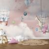 Animals in Balloons Flying Among Pink Cloud Wallpaper Mural