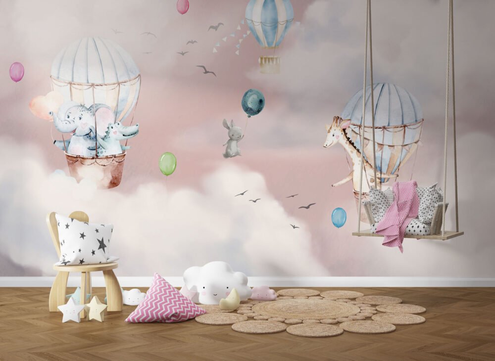 Animals in Balloons Flying Among Pink Cloud Wallpaper Mural