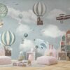 Animals Flying in Balloons with Airplanes Wallpaper Mural on a child's bedroom wall