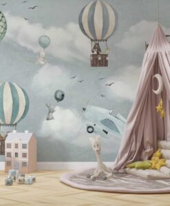 Animals Flying in Balloon Wallpaper in a kid's bedroom