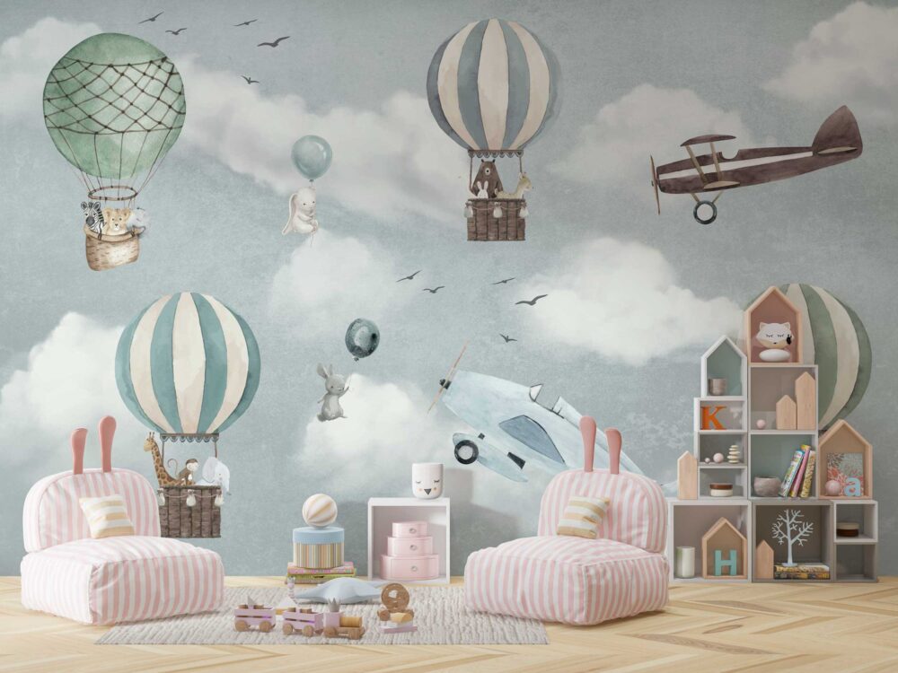 Animals Flying in Balloons with Airplanes Wallpaper Mural on a child's bedroom wall