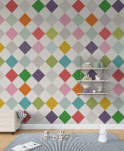 Colorful Geometric Diamond Shape Wallpaper Mural in a child's bedroom
