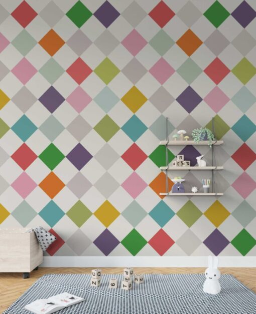 Colorful Geometric Diamond Shape Wallpaper Mural in a child's bedroom