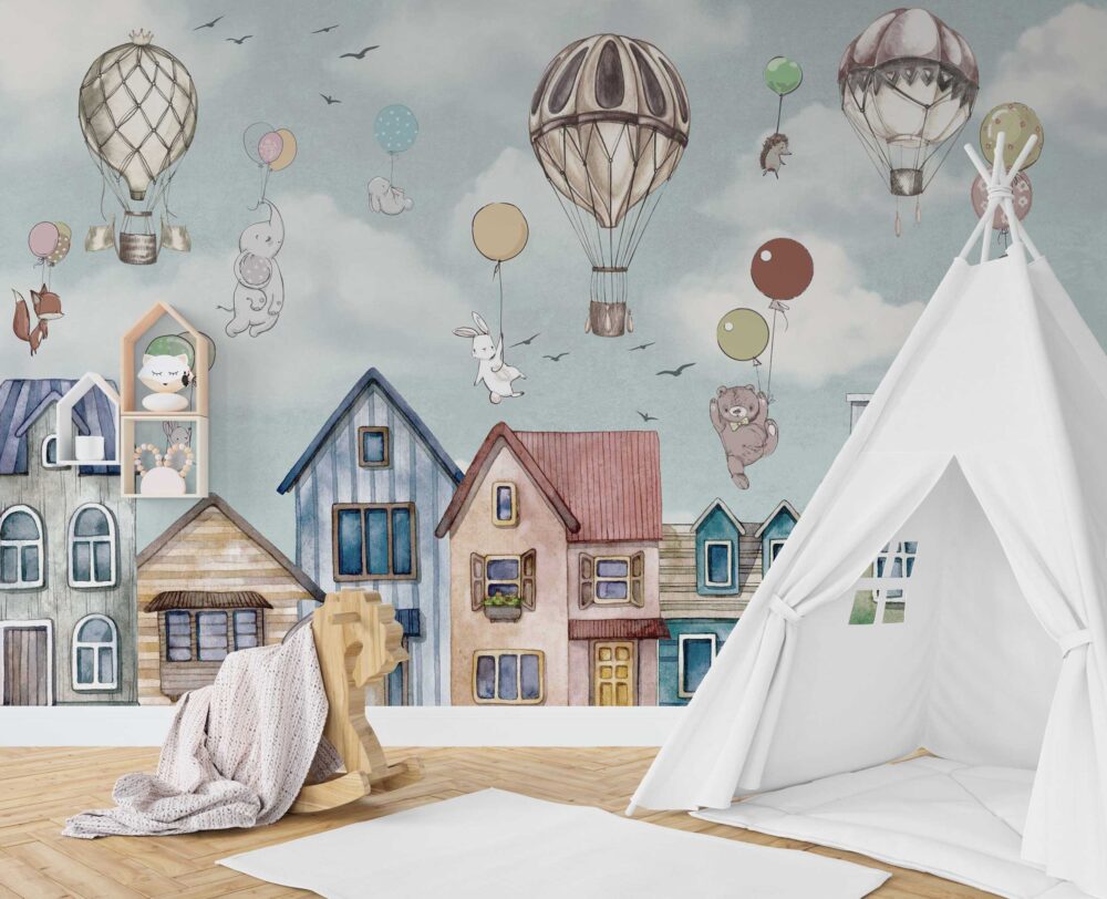 Flying Balloons Above Houses Wallpaper Mural | Silk Interiors Wallpaper ...