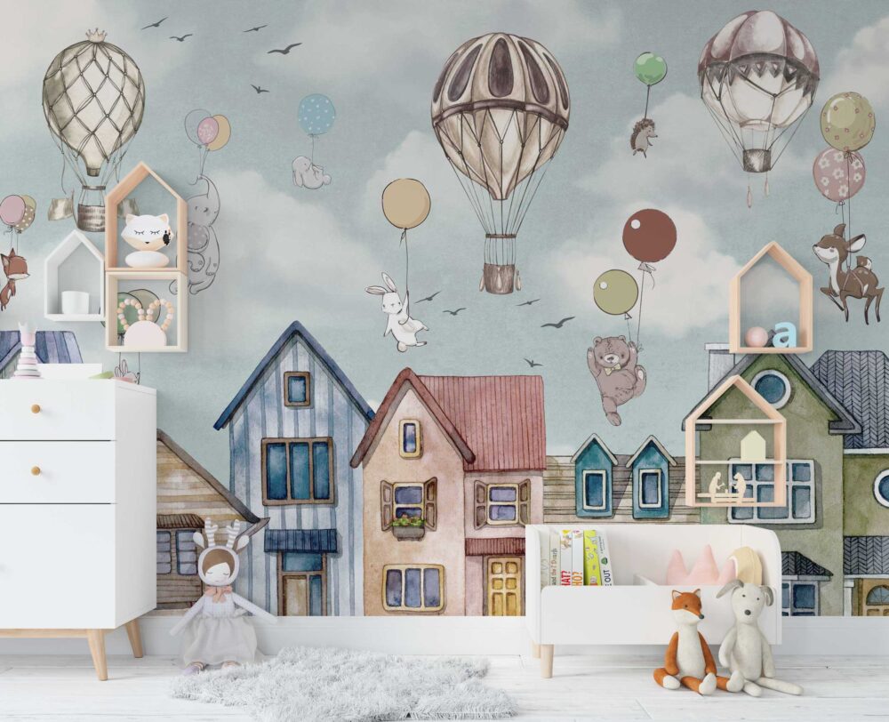 Flying Balloons Above Houses Wallpaper Mural