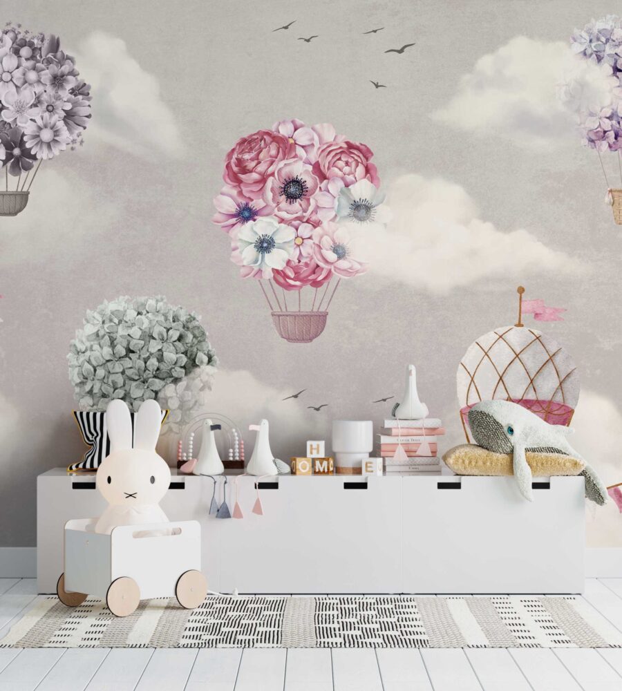 Pink and Floral Flying Balloons Wallpaper Mural