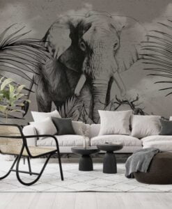 Elephant Leaves Black and White Wallpaper Mural