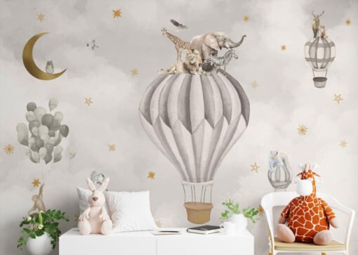 Safari Animals Flying Balloons Wallpaper Mural