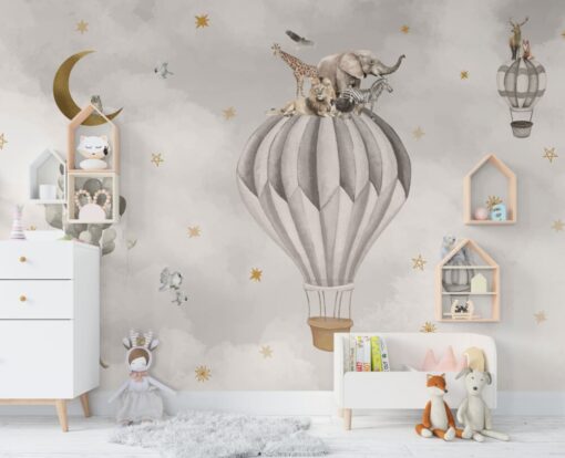 Safari Animals Flying Balloons Wallpaper Mural