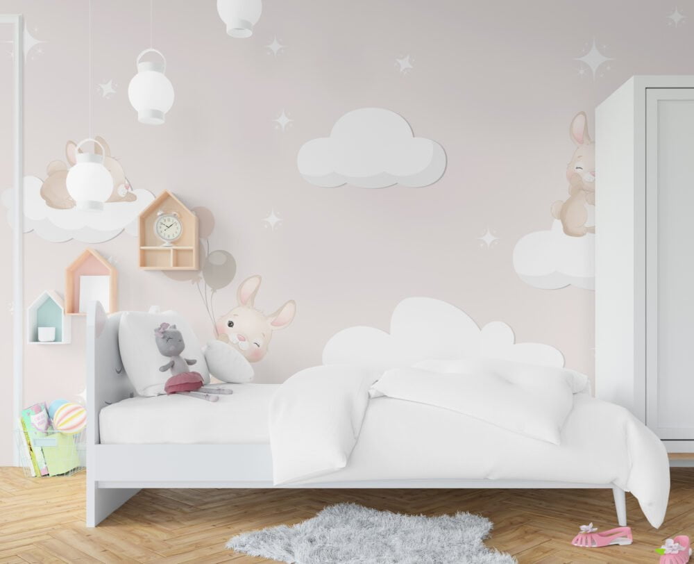 Bunnies Flying Balloon Wallpaper Mural