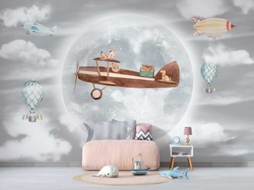 Airplane and Flying Balloons Wallpaper Mural