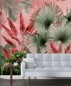 Big Tropical Leaves Pink Green Wallpaper Mural