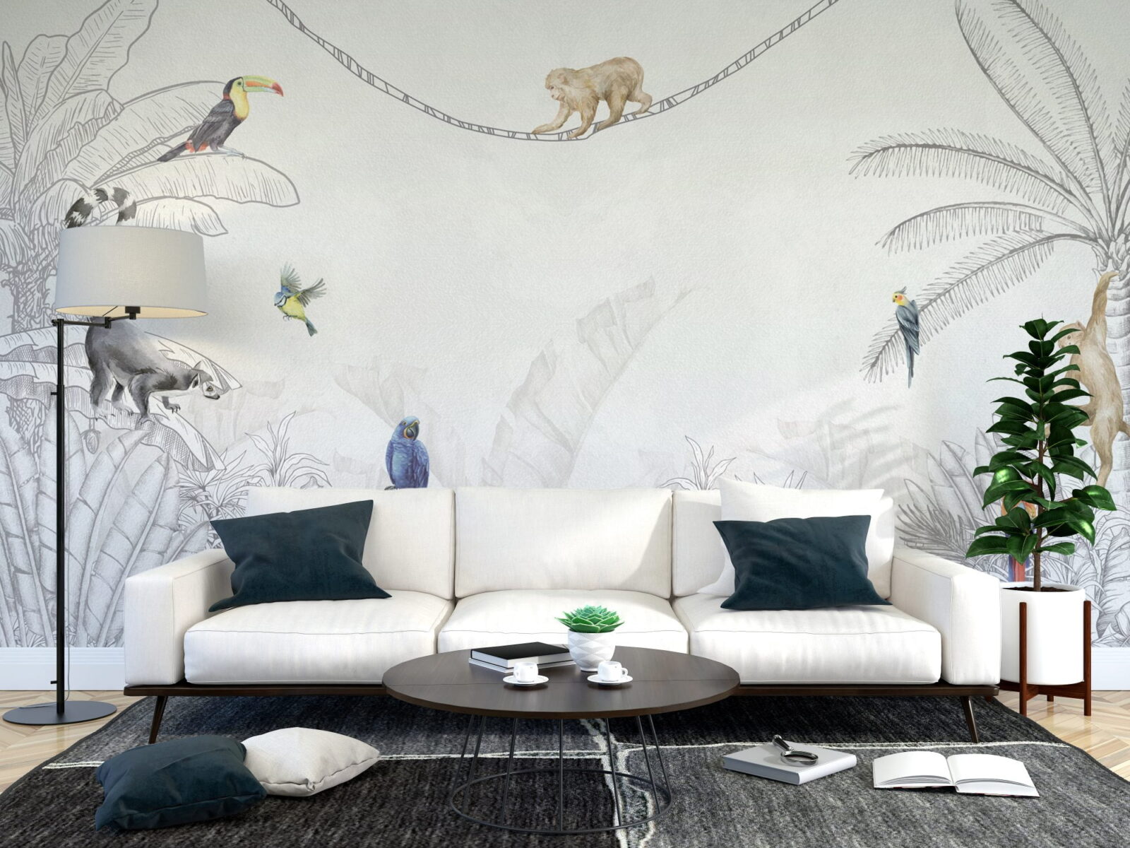 Tropical Sketch Animals Wallpaper Mural