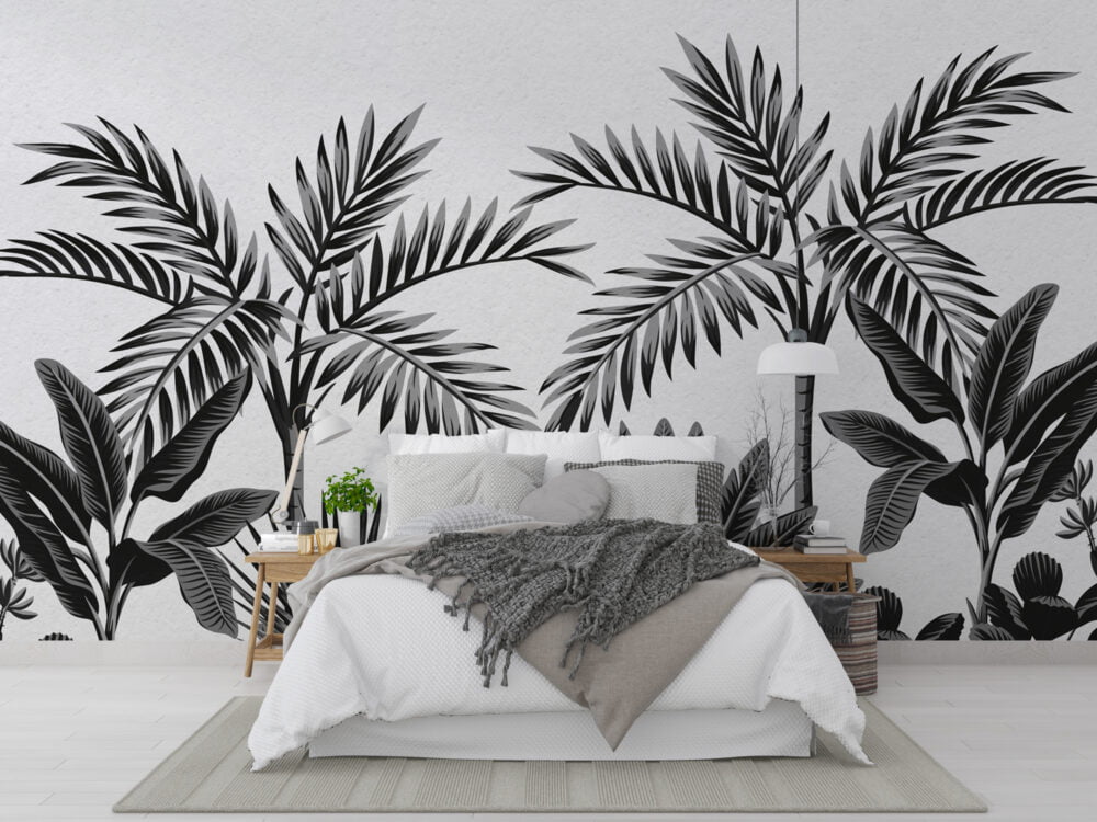 Black and White Tropical Tree Wallpaper Mural