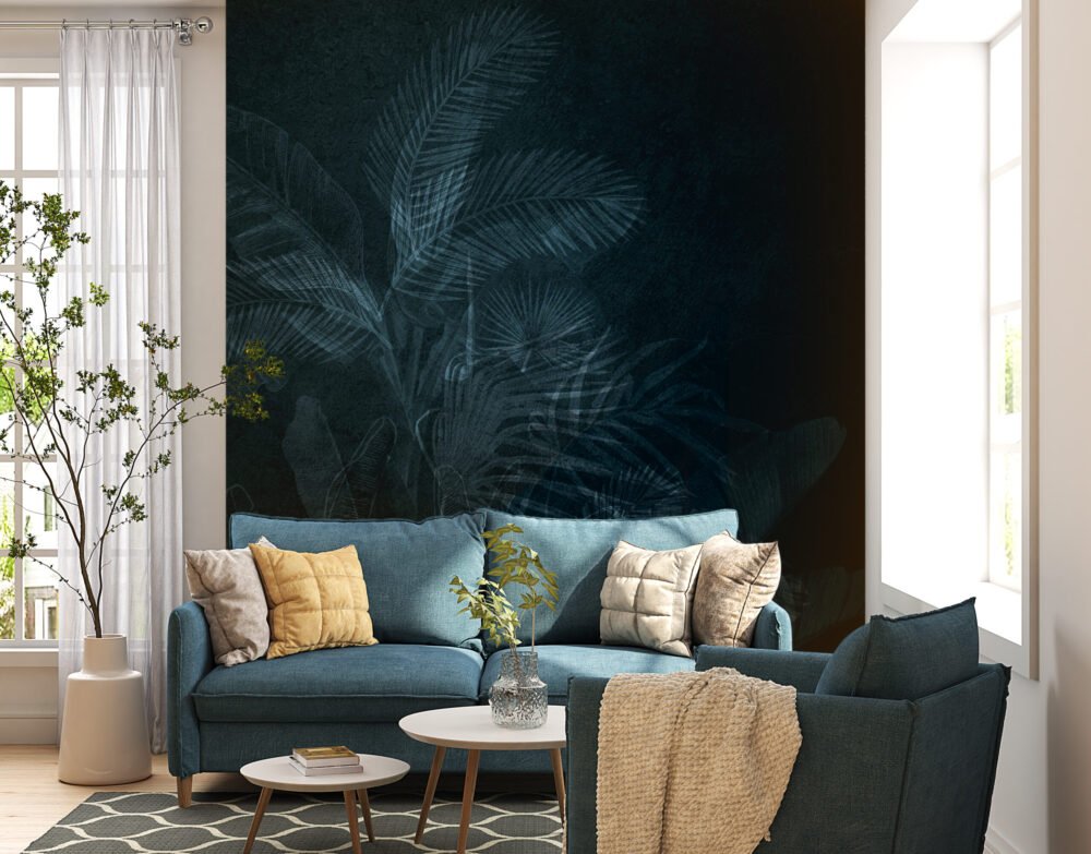 Blue Background Jungle Mural Wallpaper Mural - Silk Interiors Wallpaper ...