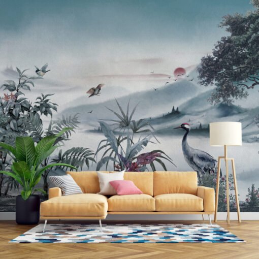 Mountains Trees and Stork Wallpaper Mural