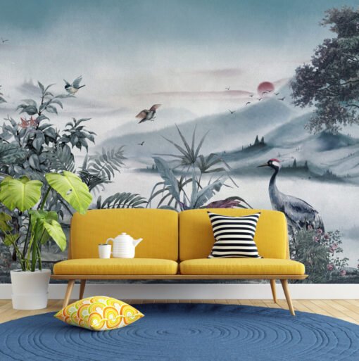 Mountains Trees and Stork Wallpaper Mural