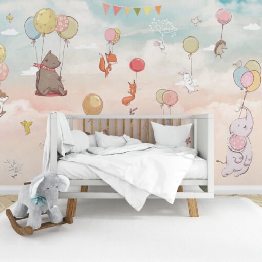 Flying Baloons Carrying Animals Wallpaper Mural