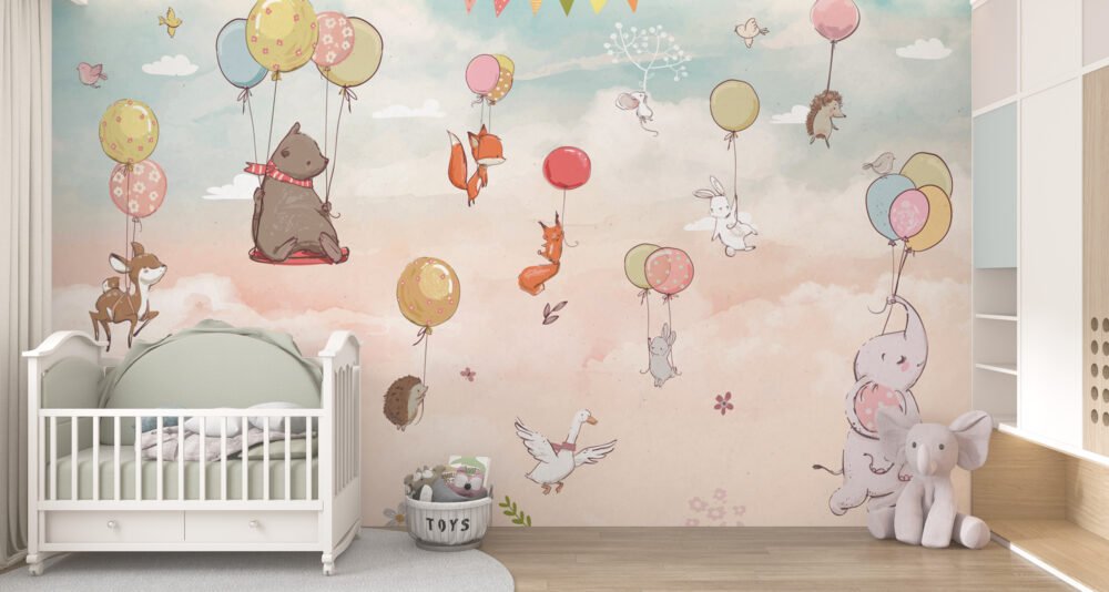 Flying Baloons Carrying Animals Wallpaper Mural