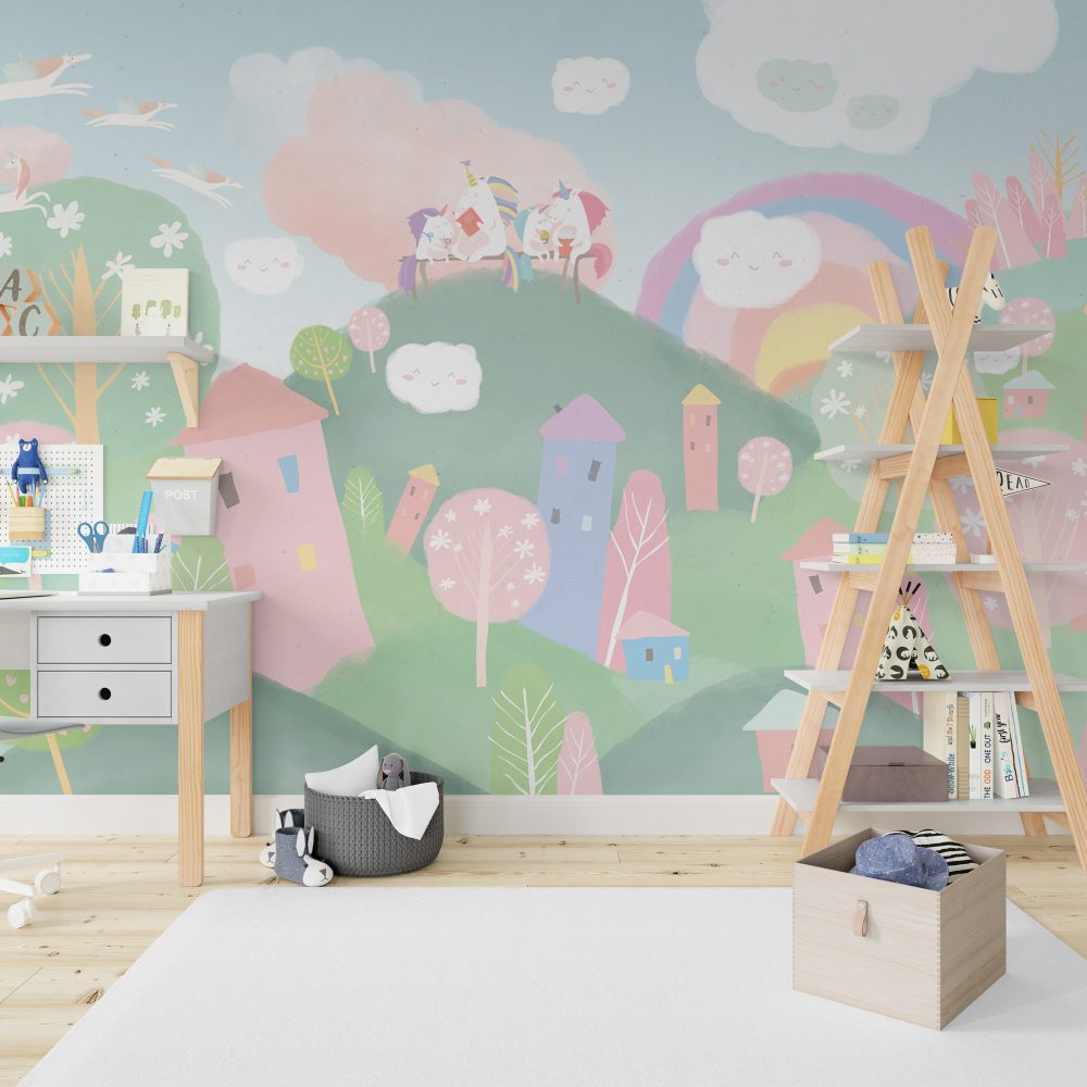 Unicorns & Rainbows Wallpaper Mural In Pastel Colours | Silk Interiors ...