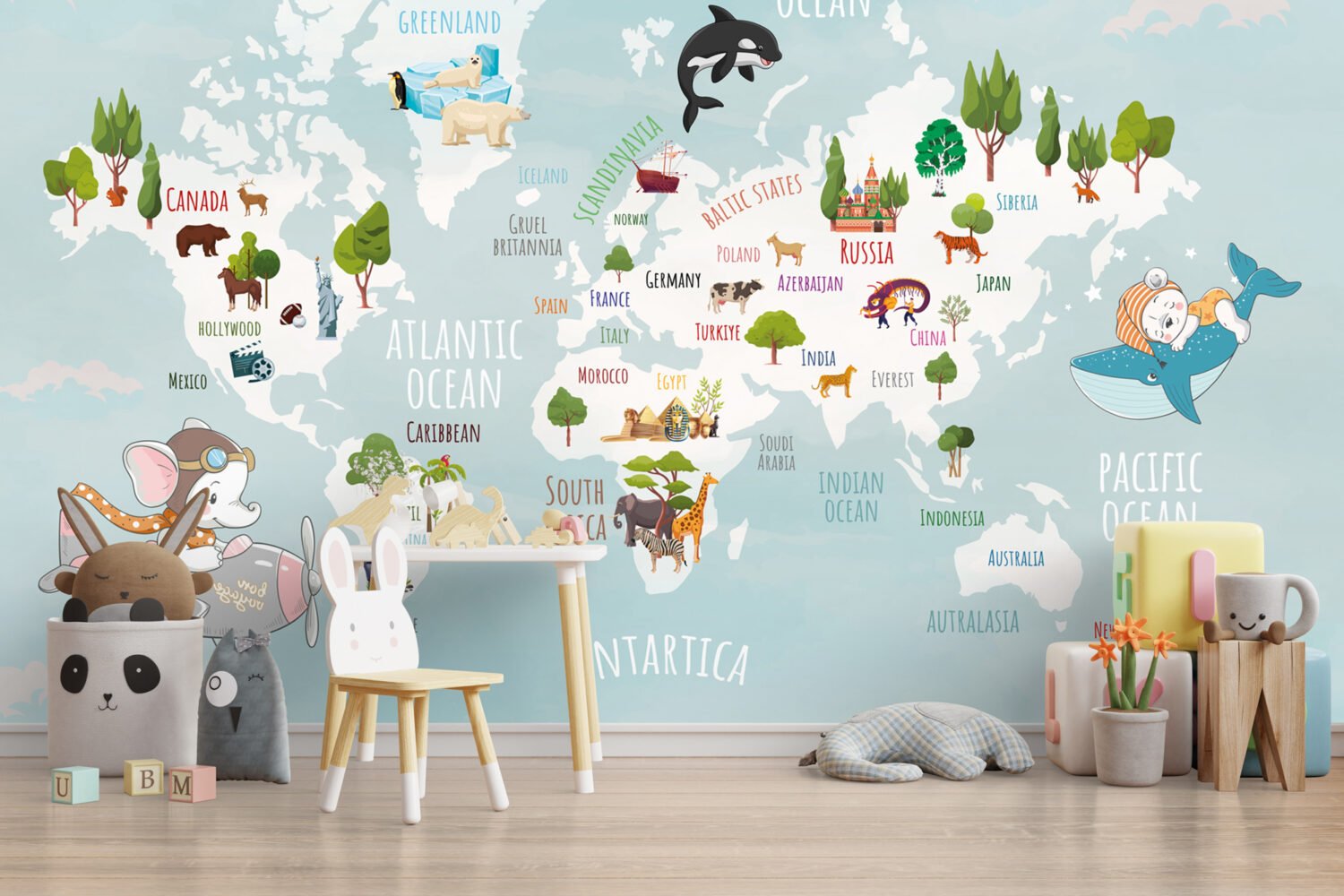 World Map with Animals Wallpaper Mural