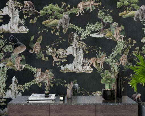 Black Background Tropical Animals Wallpaper Mural
