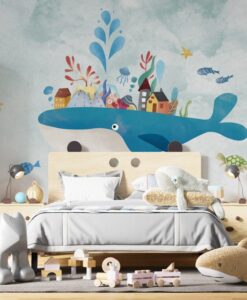 Whale And Houses Wallpaper Mural