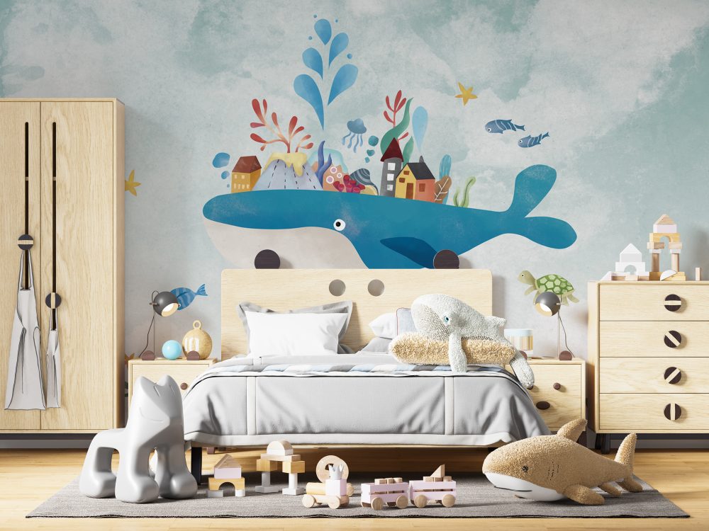 Whale And Houses Wallpaper Mural