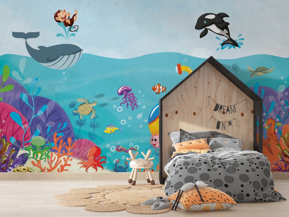 Monkey And Creatures Of The Sea Wallpaper Mural